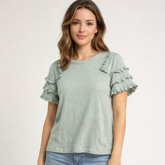 Doe & Rae Tops - Sage Green Ruffle Sleeve Top – Soft Ribbed Summer Blouse Sz M C31